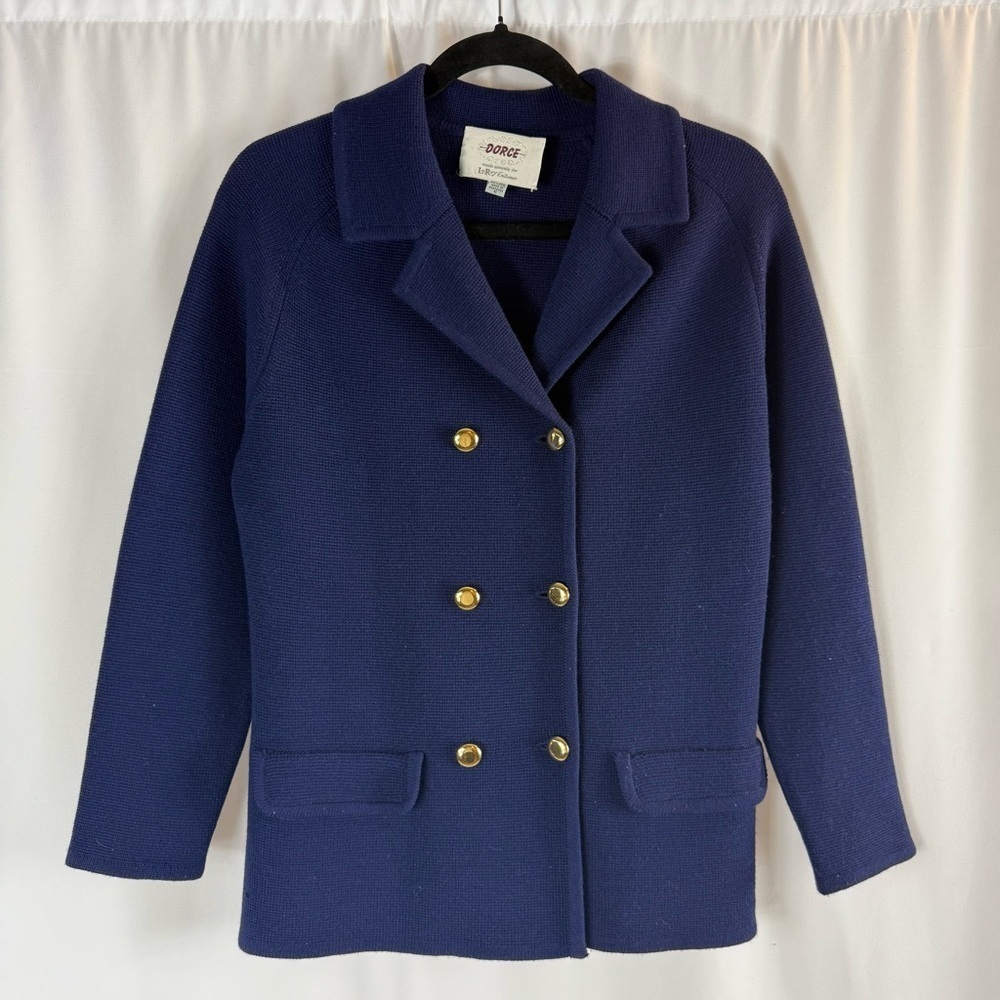 Vintage Navy Blue Knit Wool Lady Jacket Cardigan Sweater Dorce Leroy Old Money
